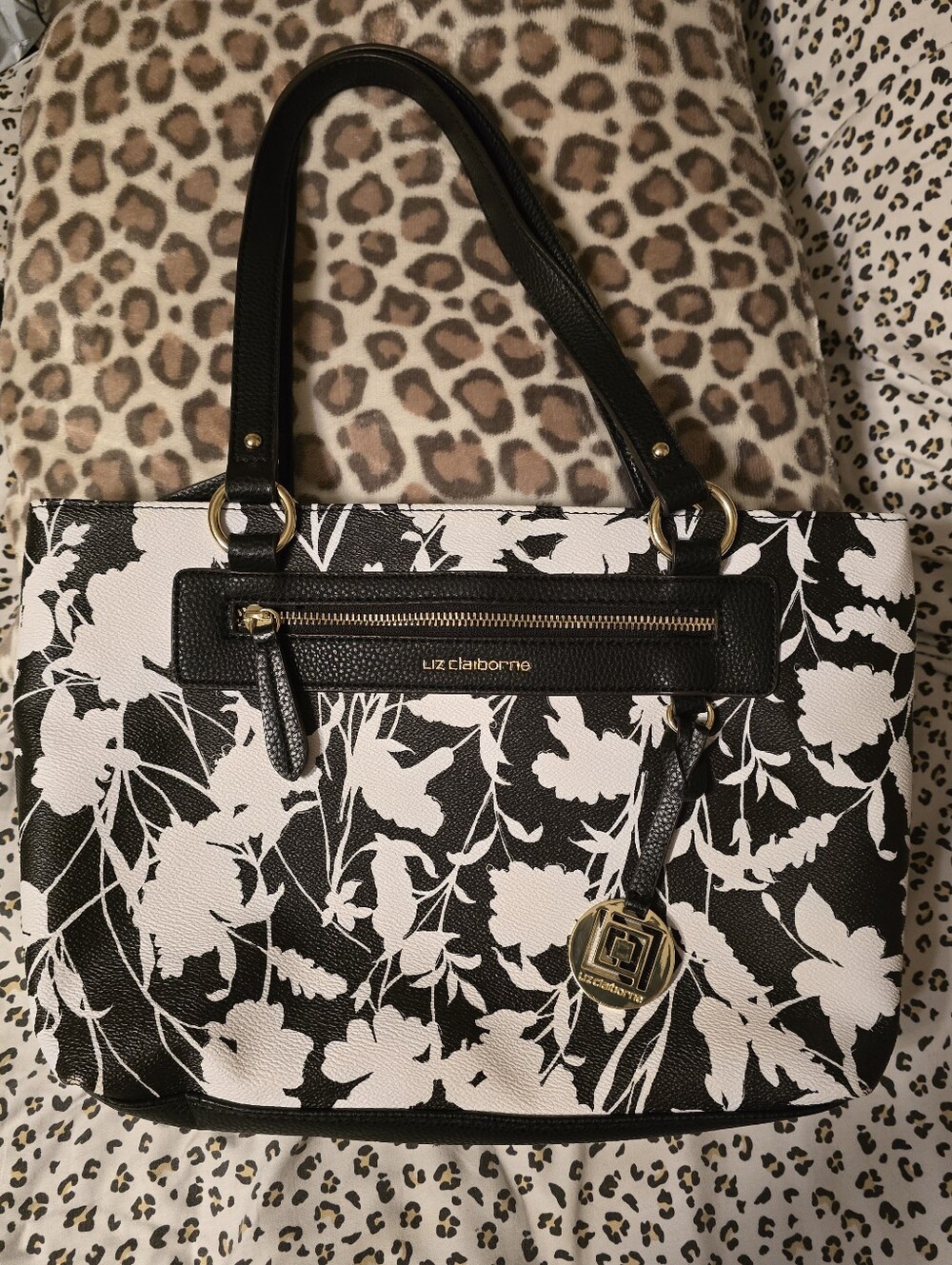 Liz Claiborne Black & White Floral Tote with Gold Accents